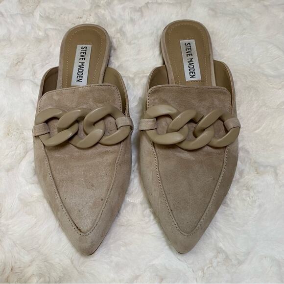 Steve Madden Women's Chain Pointed Toes Mules Size 6 Sand Suede Slip On Flats - Picture 1 of 12